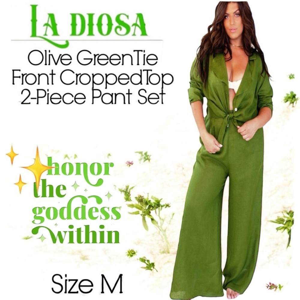 La Diosa Olive Green Tie Front Cropped Top 2-Piece Pant Set